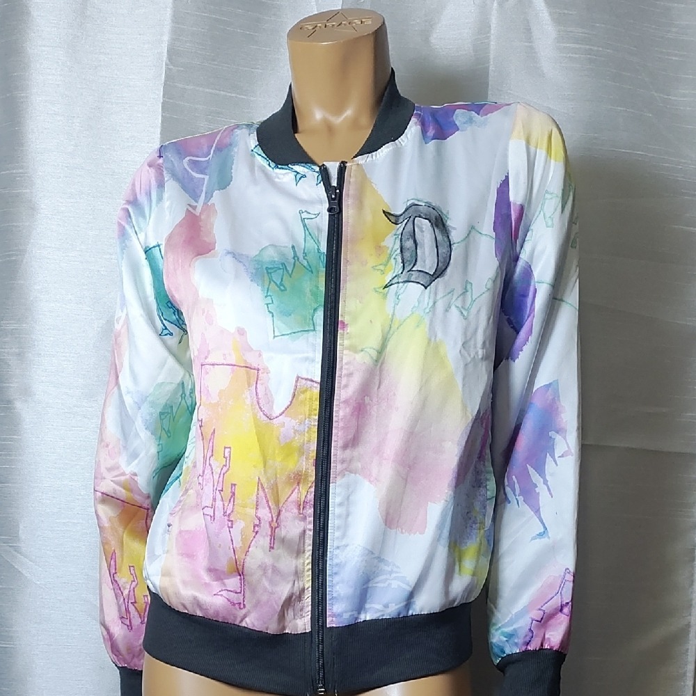 Disney Pink and White Bomber Jacket with Artistic Design Size‎ S